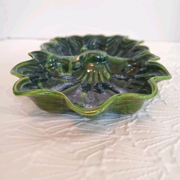Vintage MCM  Cali Pottery Divided Leaf Dish CALIF. USA 30 Green Drip Glaze - Picture 6 of 13